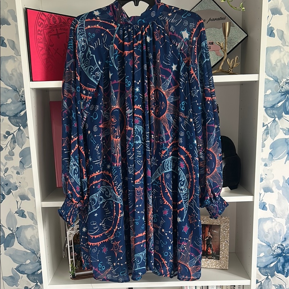 Zodiac Print Long Sleeve Shift Dress